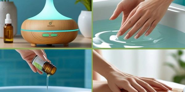 Aromatherapy diffuser, essential oil, and hand spa relaxation images.