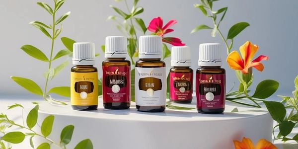 Five essential oil bottles displayed with green leaves and orange flowers on a white platform.