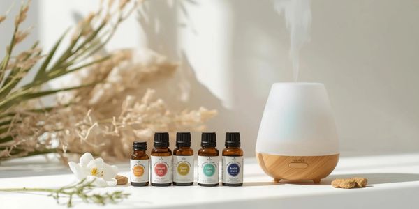A display of essential oil bottles with a guide to their uses and benefits.