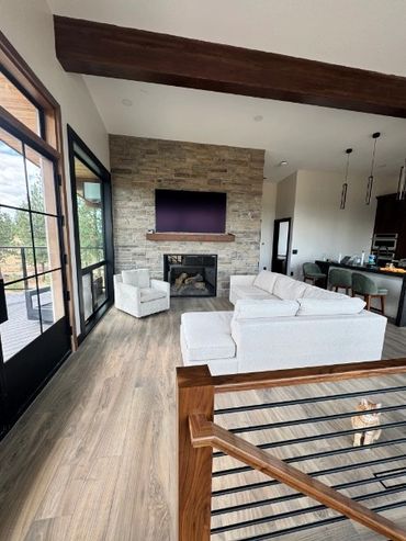 town and country tc54 fireplace stone walls beams rustic doors walnut stairs ethan allen couch