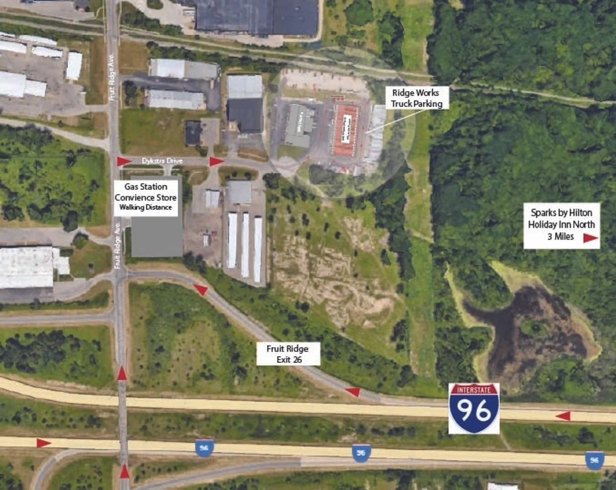 Map highlighting Fruit Ridge Exit 26 and nearby landmarks along Interstate 96.