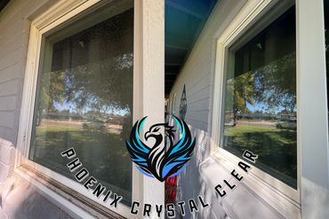 Window cleaning before and after comparison.