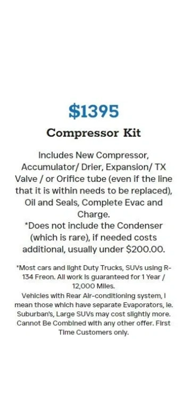 Compressor Kit priced at $1395 with detailed inclusions and conditions for automotive air conditioning.