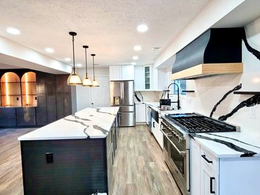 Kitchen Remodeling, country kitchen with 56" custom stove hood, Kitchen Island