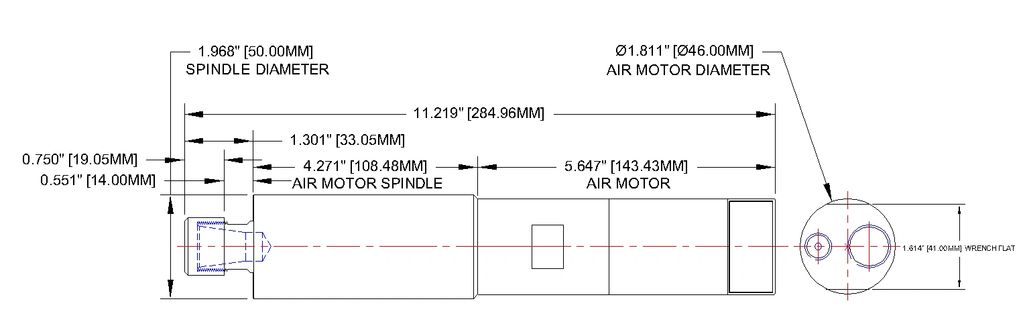 Dimensions for Finley Spindles; Series 50 Air Motor Spindle; Air Motor; Cartridge Spindle
