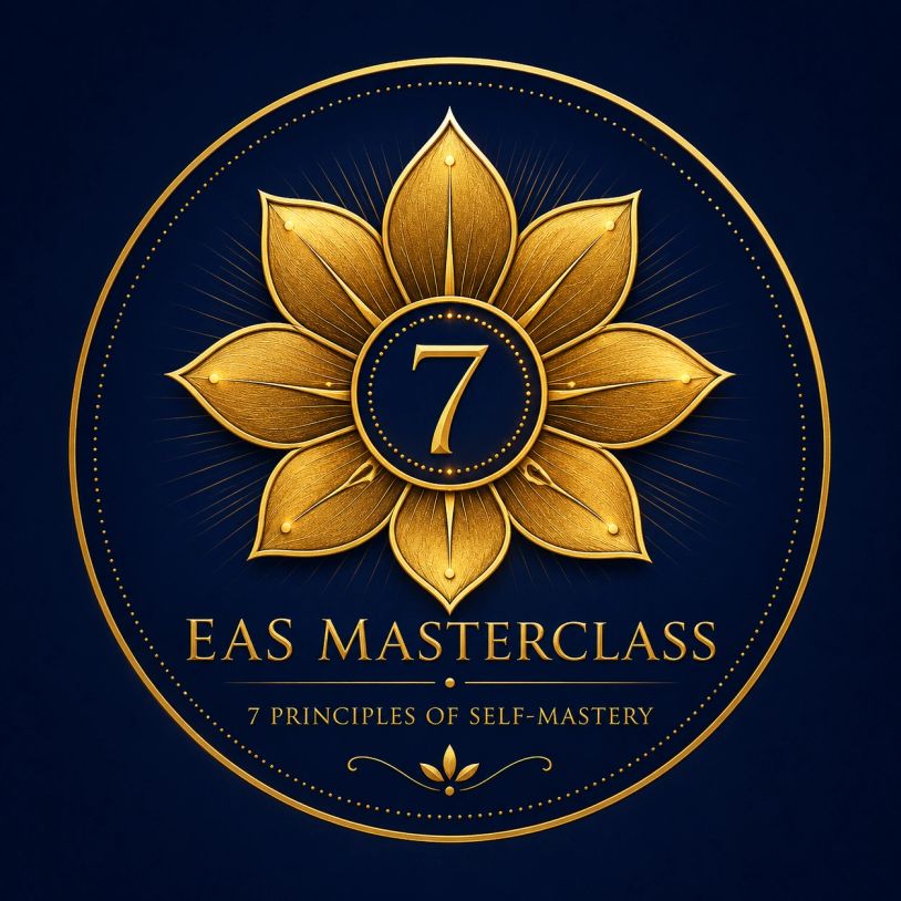 Elegant gold emblem for EAS Masterclass on a dark blue background.