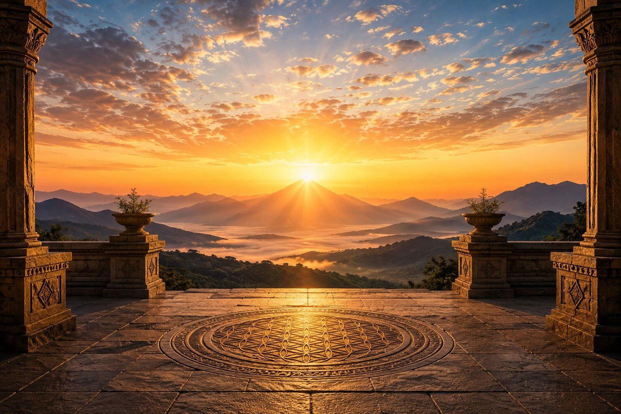 Sunrise over mountains viewed from an ornate stone terrace with intricate carvings.