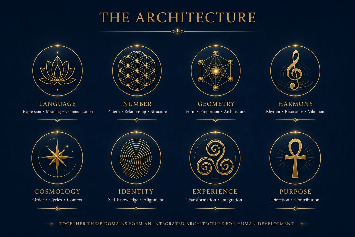 Golden symbols representing language, number, geometry, harmony, cosmology, identity, experience, and purpose.