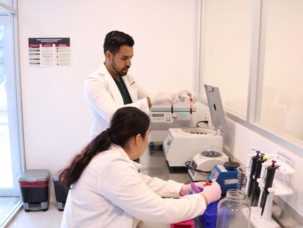 Dos científicos trabajando en un laboratorio con equipo especializado.