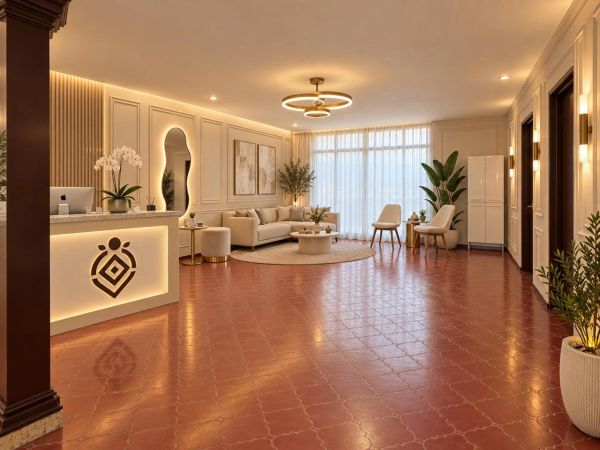 Recepción elegante con muebles modernos y decoración cálida.