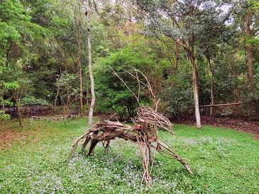 Twigs assembled to resemble a horse in a green park.