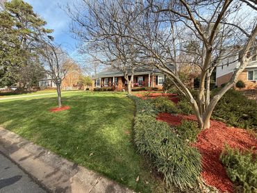 A suburban house with a well-maintained lawn and trimmed trees.