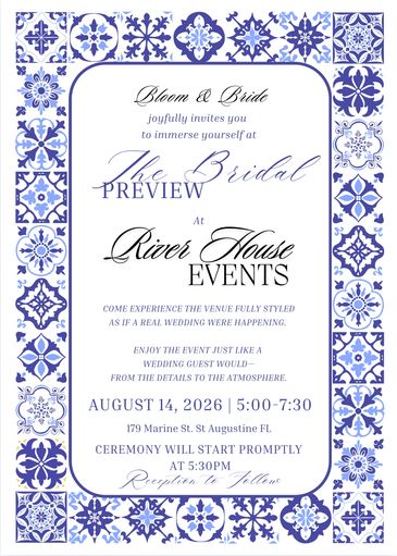 Elegant bridal preview invitation with blue floral tile border.