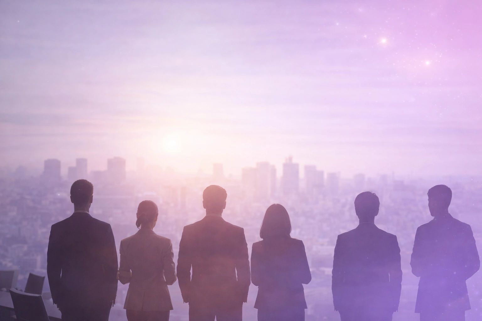 Silhouetted executive leaders overlooking a city skyline at sunrise in soft pink and purple light.