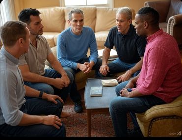 Five men sitting in a circle having a serious discussion indoors.