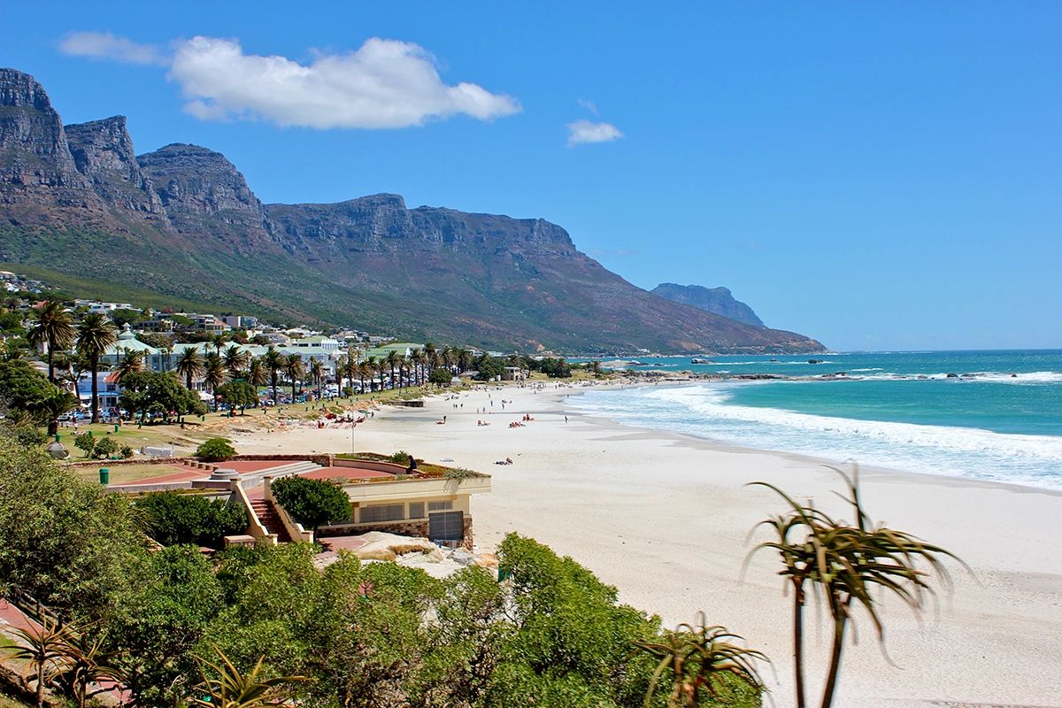 Scenic view of Camps Bay Beach in Cape Town on a sunny day, with white sand, turquoise waves, and the dramatic backdrop of the Twelve Apostles mountain range. Palm trees line the beachfront promenade, and beachgoers are scattered along the shoreline. Aloe plants and greenery frame the foreground, adding to the coastal paradise feel. Camps Bay Beach aerial view with white sand, turquoise waves, and Twelve Apostles mountains—iconic Cape Town guide beach