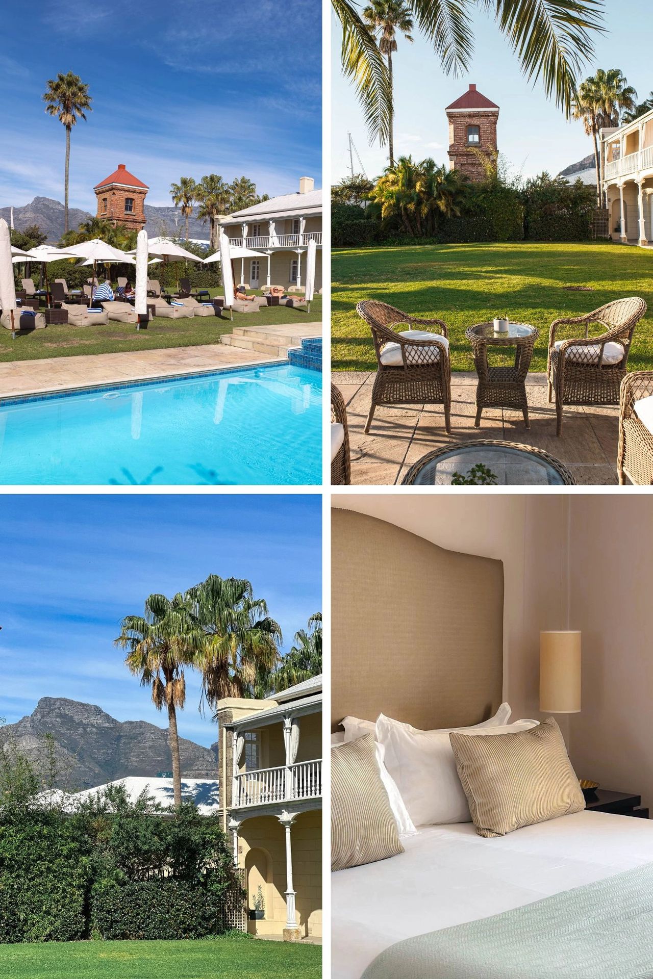 Dock House Boutique Hotel collage with Table Mountain balcony view, crystal chandelier suite, grand atrium, and sunrise terrace