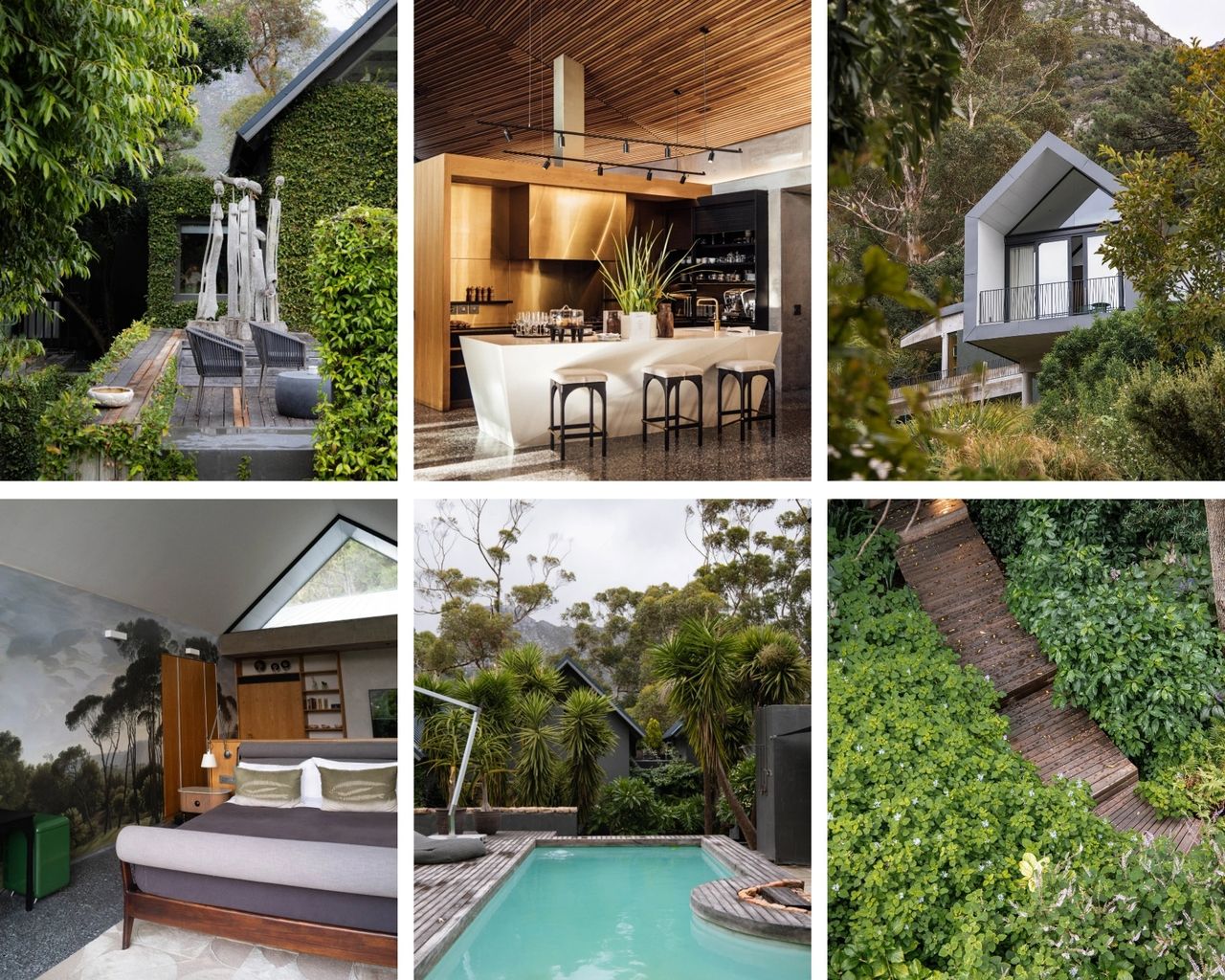 Nestled on the slopes of Table Mountain, Future Found Sanctuary is a luxurious eco-retreat offering peace, privacy, and high-end design in the heart of nature. With architecture that blends seamlessly into its forested surroundings, this boutique stay features serene suites, lush gardens, a private pool, and wellness-focused experiences. Ideal for slow living, digital detoxing, and romantic escapes, this hidden gem is one of Cape Town’s most exclusive and rejuvenating getaways. Future Found Sanctuary wellness retreat collage featuring outdoor lounge, modern kitchen, infinity pool, and lush mountain gardens