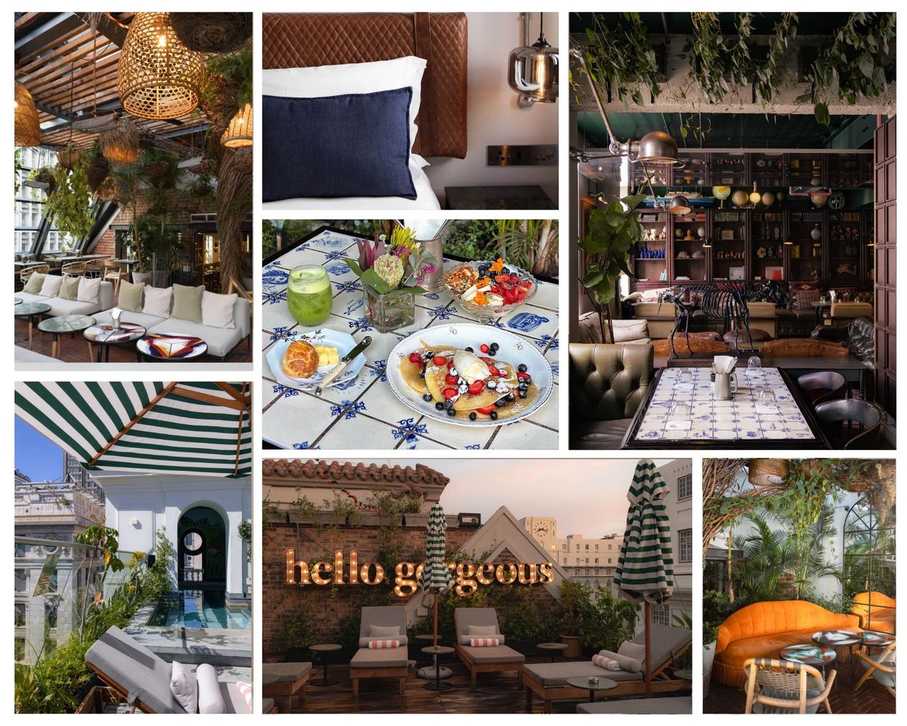 Step inside the ultra-chic Gorgeous George Hotel in Cape Town – a boutique design haven blending Art Deco elegance with bold contemporary style. From rooftop cocktails and jungle-inspired interiors to cozy luxury rooms and Instagrammable breakfast spreads, this hotel is a top pick for design lovers and trendsetters. Discover why Gorgeous George is one of the best places to stay in Cape Town for an unforgettable city break. Gorgeous George Hotel collage showing tropical atrium, rooftop dining, breakfast spread, and velvet lounge. Text reads: "hello gorgeous"