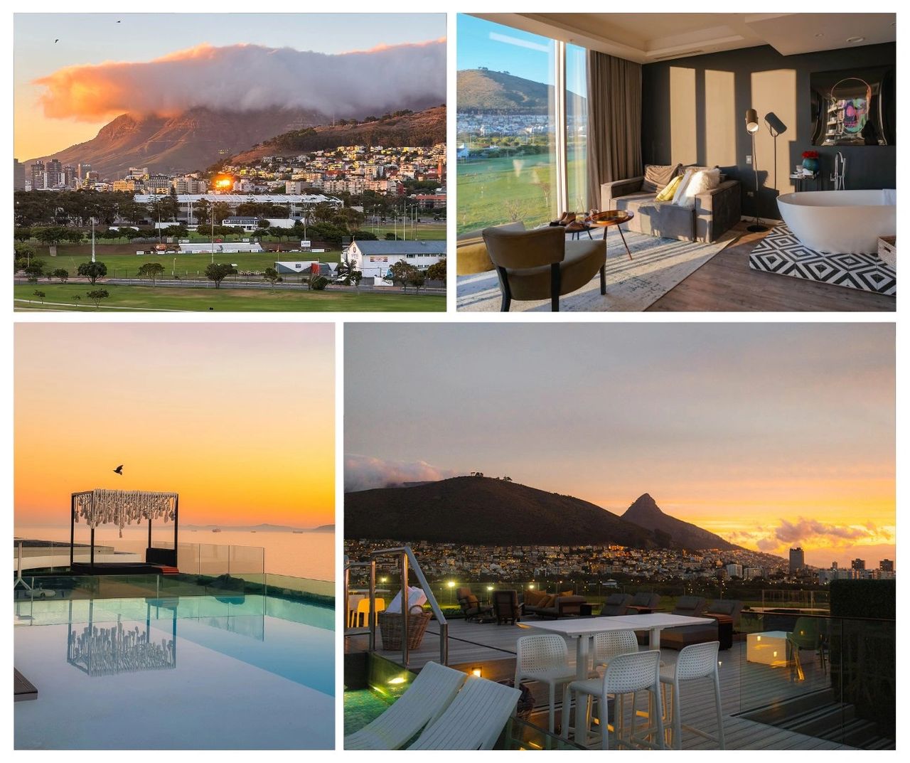 O’Two Hotel in Cape Town offers the perfect mix of modern elegance and breathtaking scenery. With views of Table Mountain and the Atlantic Ocean, this luxury boutique hotel features stylish suites, a rooftop pool, and unforgettable sunsets. Whether you're soaking in a freestanding tub or enjoying cocktails with a view, O’Two is one of Cape Town’s most romantic and photogenic stays. Ideal for couples, honeymooners, and luxury travelers seeking comfort and style in the heart of the city. O'Two Boutique Hotel collage with mountain sunset views, chandelier suite, rooftop terrace, and golden hour balcony moment