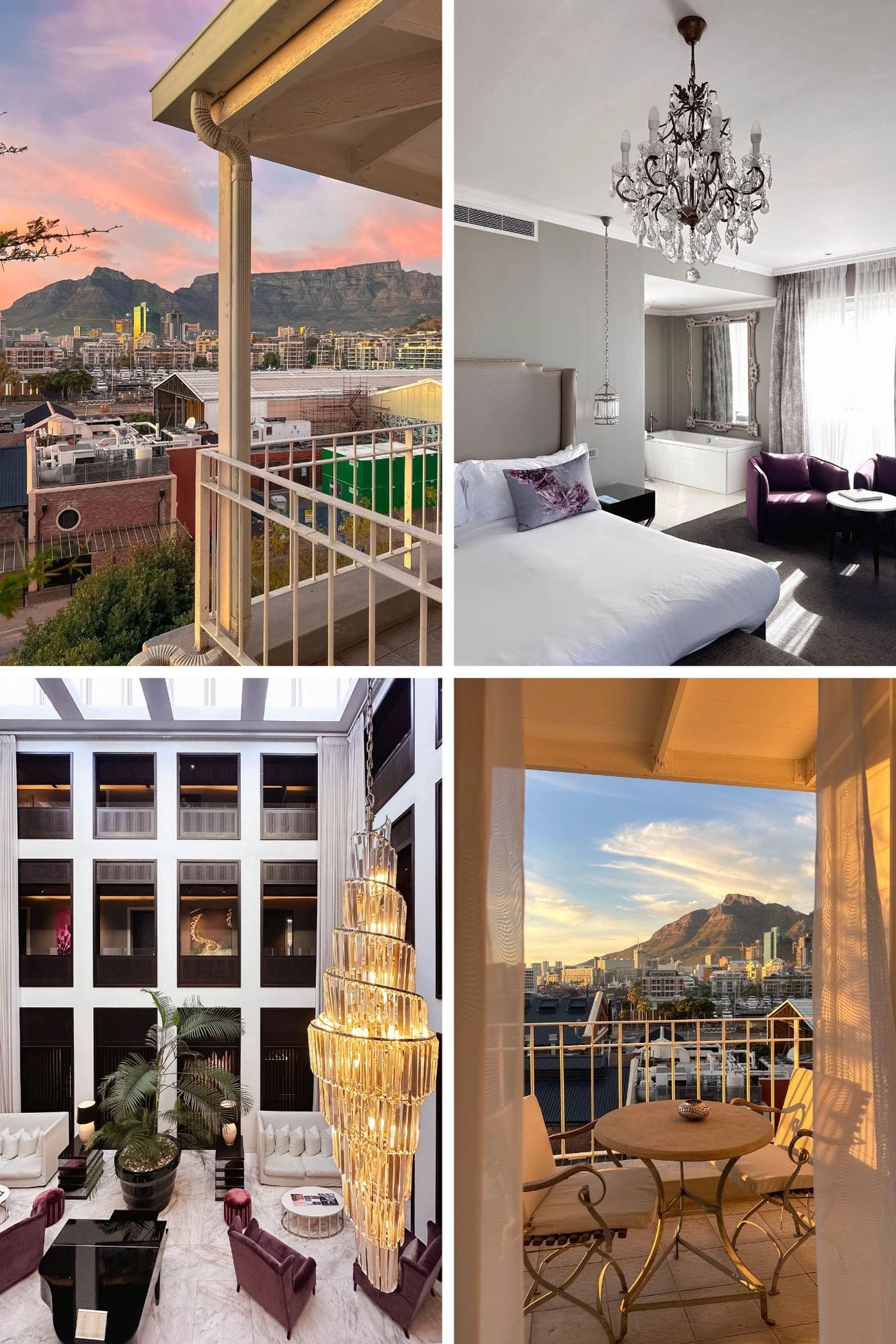 A luxurious glimpse into the Queen Victoria Hotel in Cape Town, South Africa, located in the iconic V&A Waterfront. This image collage features sweeping views of Table Mountain from elegant private balconies, stylish suites with crystal chandeliers and deep soaking tubs, and the hotel’s sophisticated central atrium with a grand chandelier and plush lounge seating. The Queen Victoria Hotel blends classic elegance with five-star comfort, offering an unforgettable stay in one of Cape Town’s most desirable locations. Queen Victoria Hotel collage featuring pool with brick tower, garden seating, colonial veranda, and neutral-toned bedroom suite