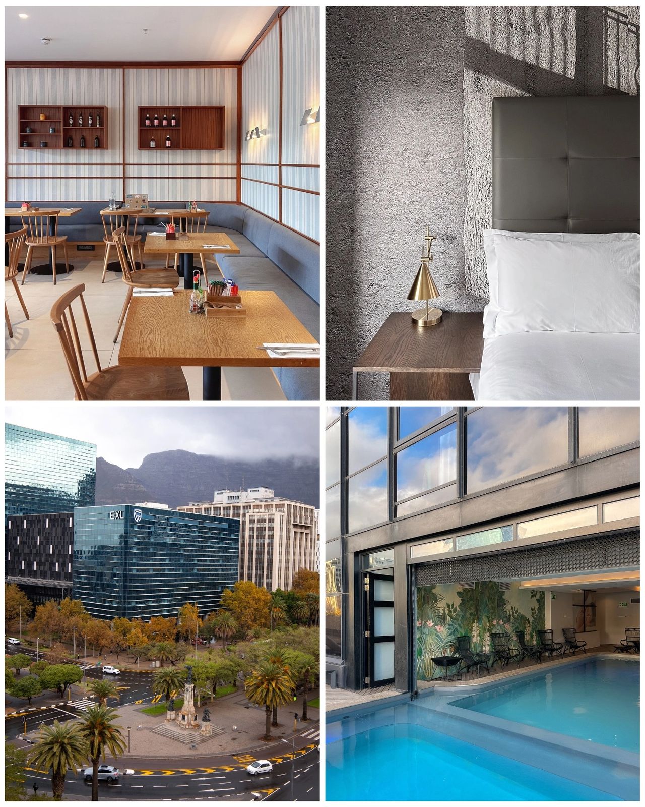This collage captures the essence of The Onyx Hotel in Cape Town—a modern, design-forward hotel offering sleek interiors, apartment-style suites, a stylish restaurant, rooftop pool with panoramic views, and a central location near the Cape Town International Convention Centre and V&A Waterfront. Whether you're looking for a long-stay option or a sophisticated weekend getaway, The Onyx blends contemporary luxury with practical amenities like a kitchen, spa, and workspace, making it one of the best hotels in Cape Town for both business and leisure travelers. The Onyx Hotel collage featuring minimalist restaurant, concrete-chic bedroom, city skyline views, and tropical indoor pool