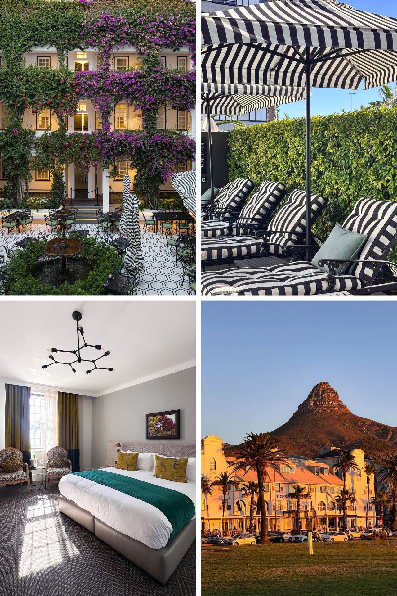 Collage of The Winchester Hotel in Sea Point, Cape Town, featuring its lush courtyard with flowering vines, stylish black-and-white striped pool loungers and umbrellas, a chic and modern guest room with vibrant accents, and the hotel’s iconic pink facade at sunset with Lion’s Head mountain in the background. Winchester Hotel collage showing bougainvillea courtyard, striped poolside loungers, modern bedroom, and Lion's Head sunset view