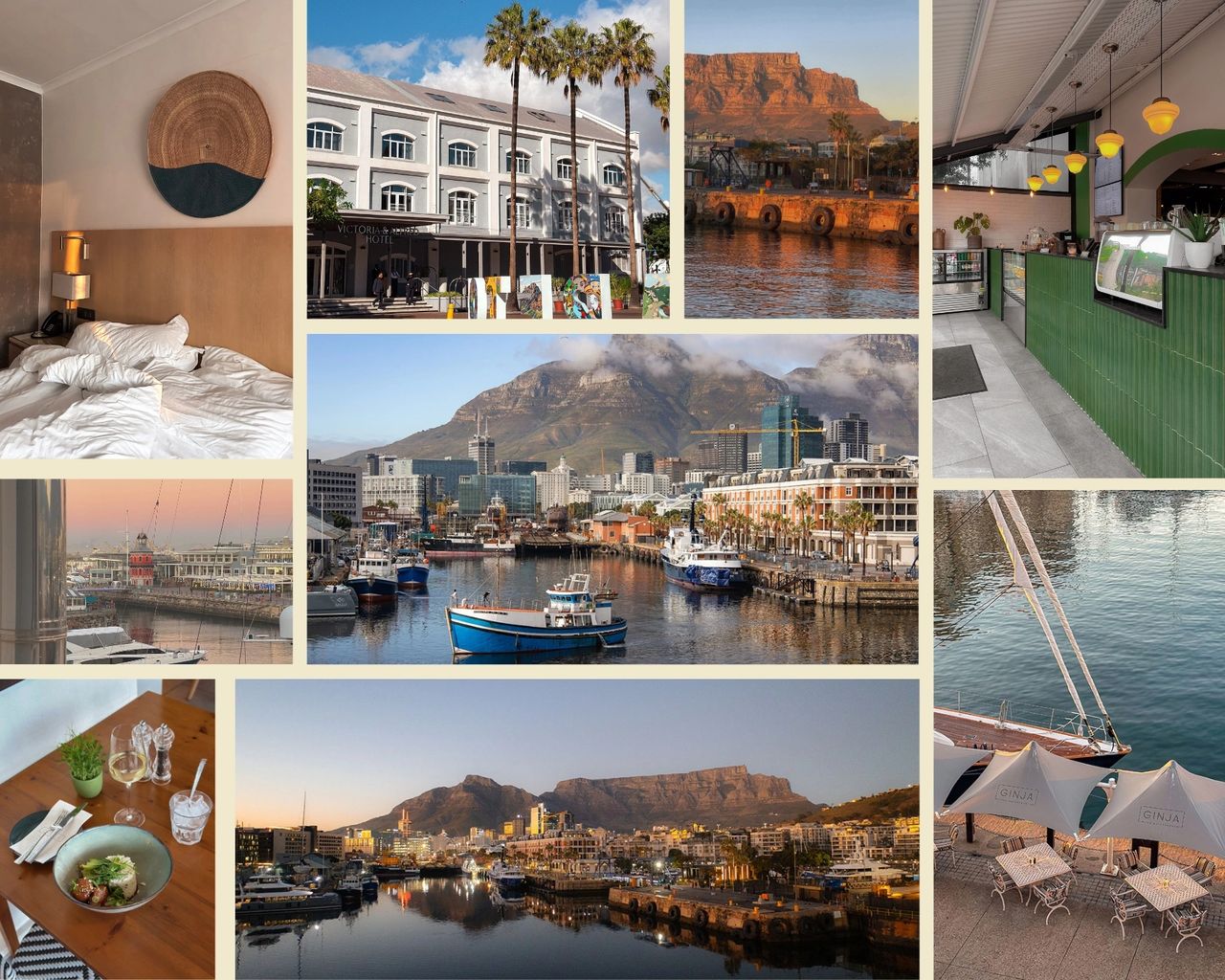 This photo collage captures the charm of the Victoria & Alfred Hotel at Cape Town’s iconic V&A Waterfront, where luxury meets breathtaking views of Table Mountain and the harbor. From cozy, stylish interiors to vibrant marina life, world-class dining, and golden hour reflections on the water, this is the ultimate destination for travelers seeking a boutique hotel experience in the heart of Cape Town. Whether you're planning a romantic getaway or a first-time visit to South Africa, the V&A Waterfront offers unforgettable views, local cuisine, and easy access to the city’s top attractions. TVictoria & Alfred Hotel collage showing cozy bedroom, waterfront sunset, harbor dining, and Table Mountain views from Cape Town
