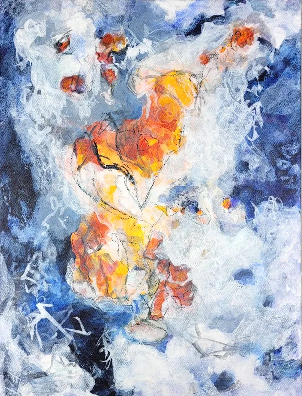 Abstract mixed media painting
acrylic and ink on canvas
ethereal
blue, orange, red, teal, white