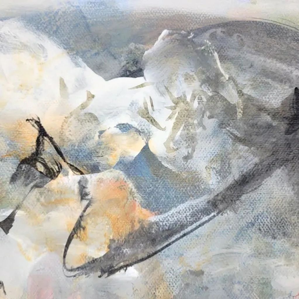 Abstract acrylic and ink painting detail, on canvas,
Grey, blue, black, white, orange
ethereal, soft
