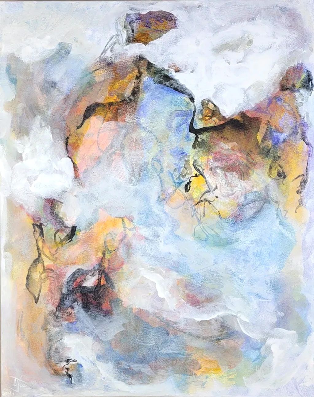 Abstract painting,
acrylic and ink on canvas,
ethereal,
blue, purple, orange, white, black, grey