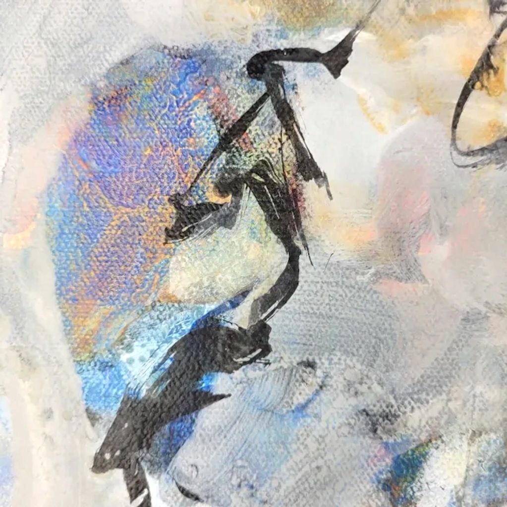 Abstract acrylic and ink painting detail, on canvas,
blue, black, white, orange
ethereal, soft