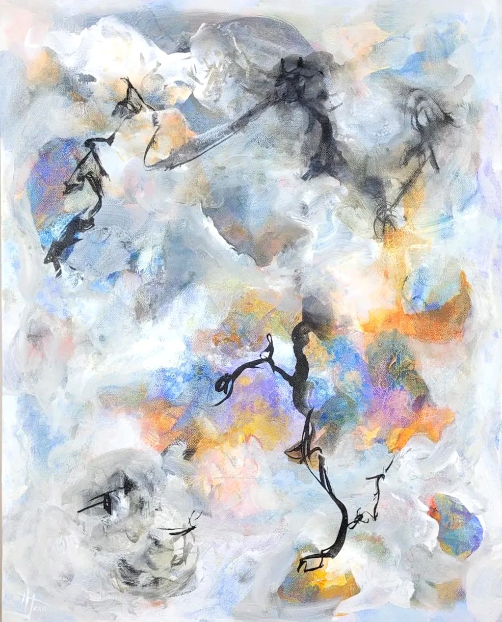 Abstract painting,
acrylic and ink on canvas,
ethereal,
blue, purple, orange, white, black, grey