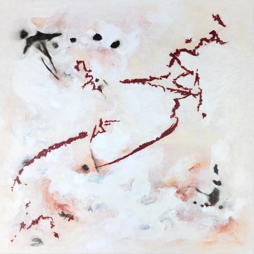 Abstract mixed media painting on canvas, including Fumage technique
Ethereal
red, white, black
Fumag