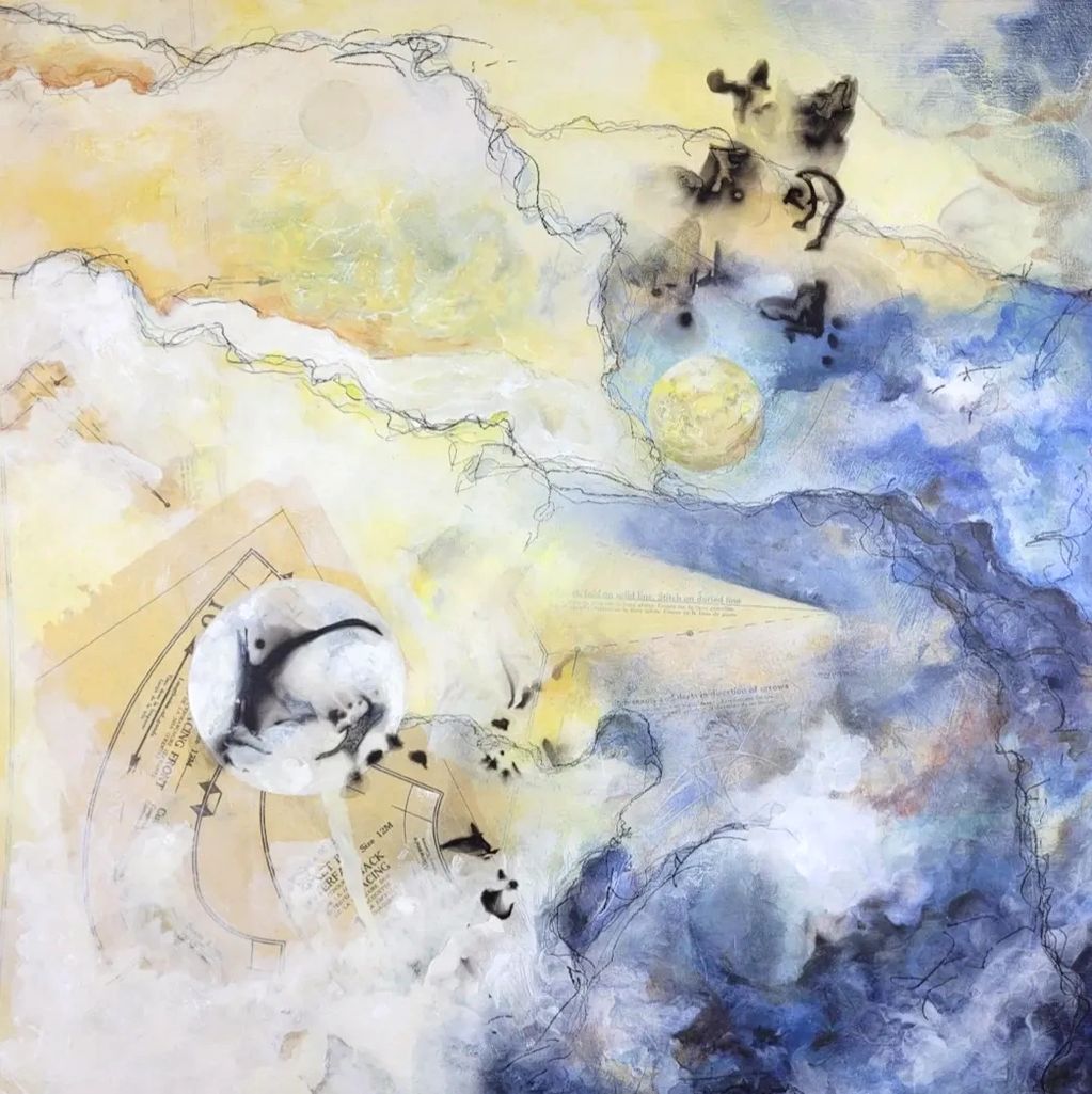Abstract mixed media painting,
Fumage technique,
collage,
yellow, white, blue, black