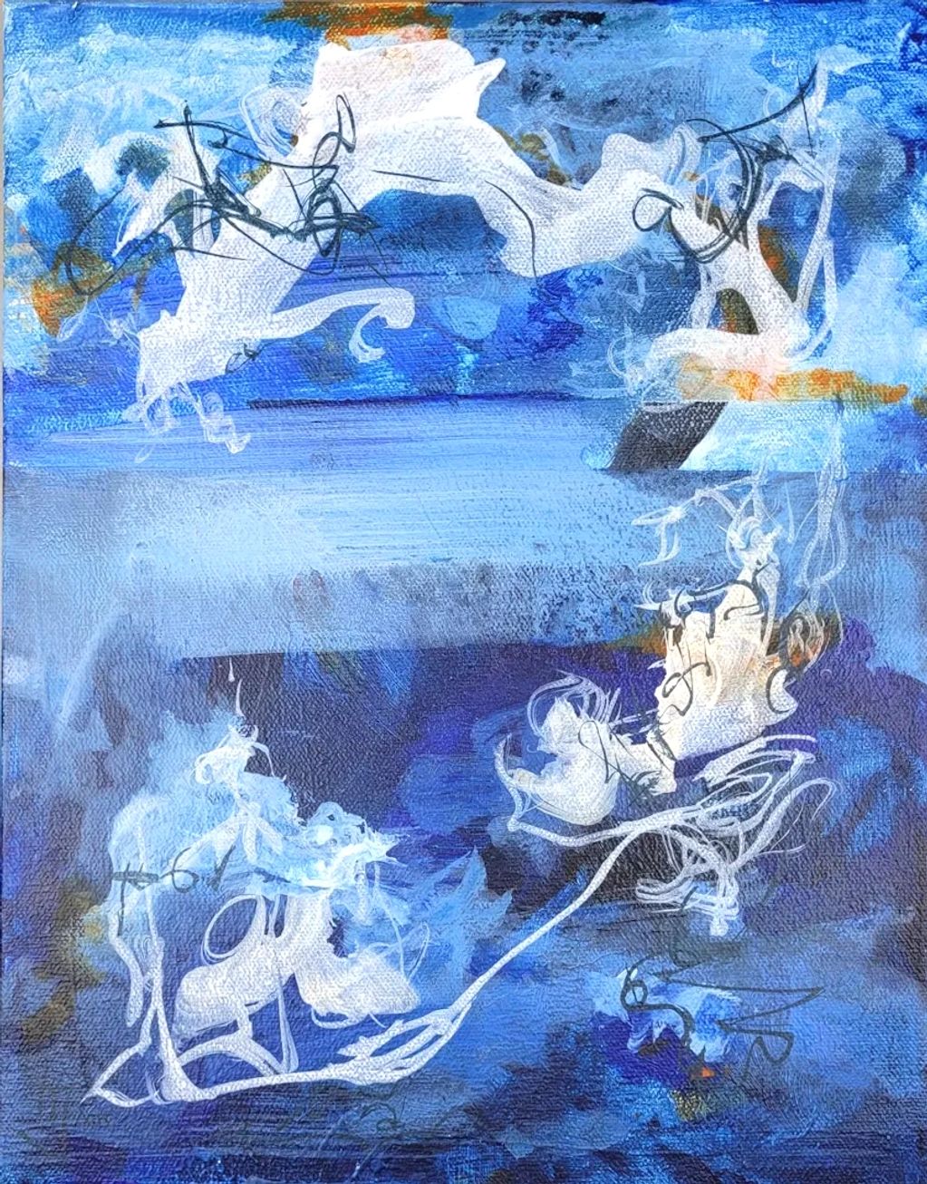 Abstract painting
ethereal
acrylic and ink on canvas
blue, orange, white, teal