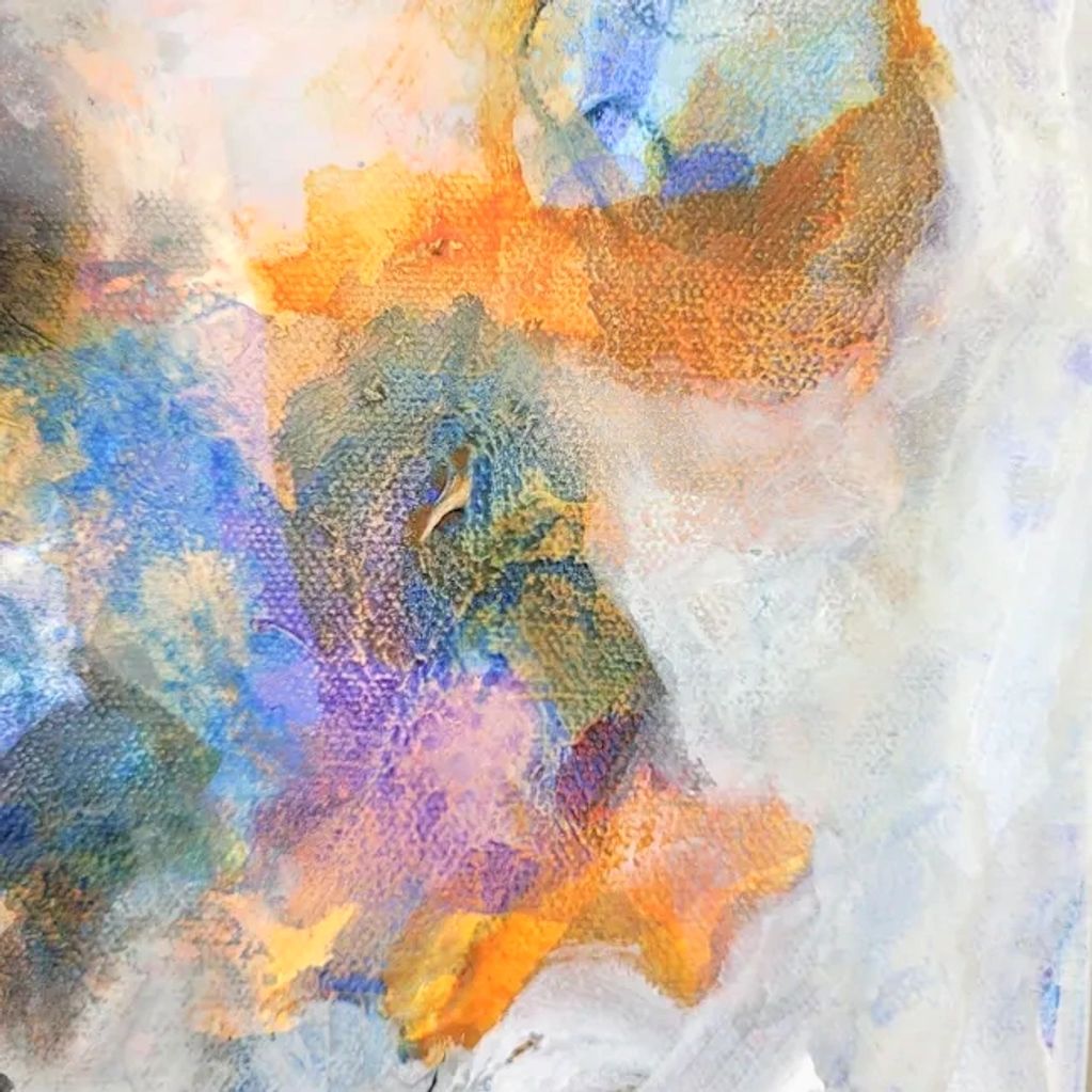 Abstract acrylic and ink painting detail, on canvas,
Grey, blue, orange, purple, black, white,
ether