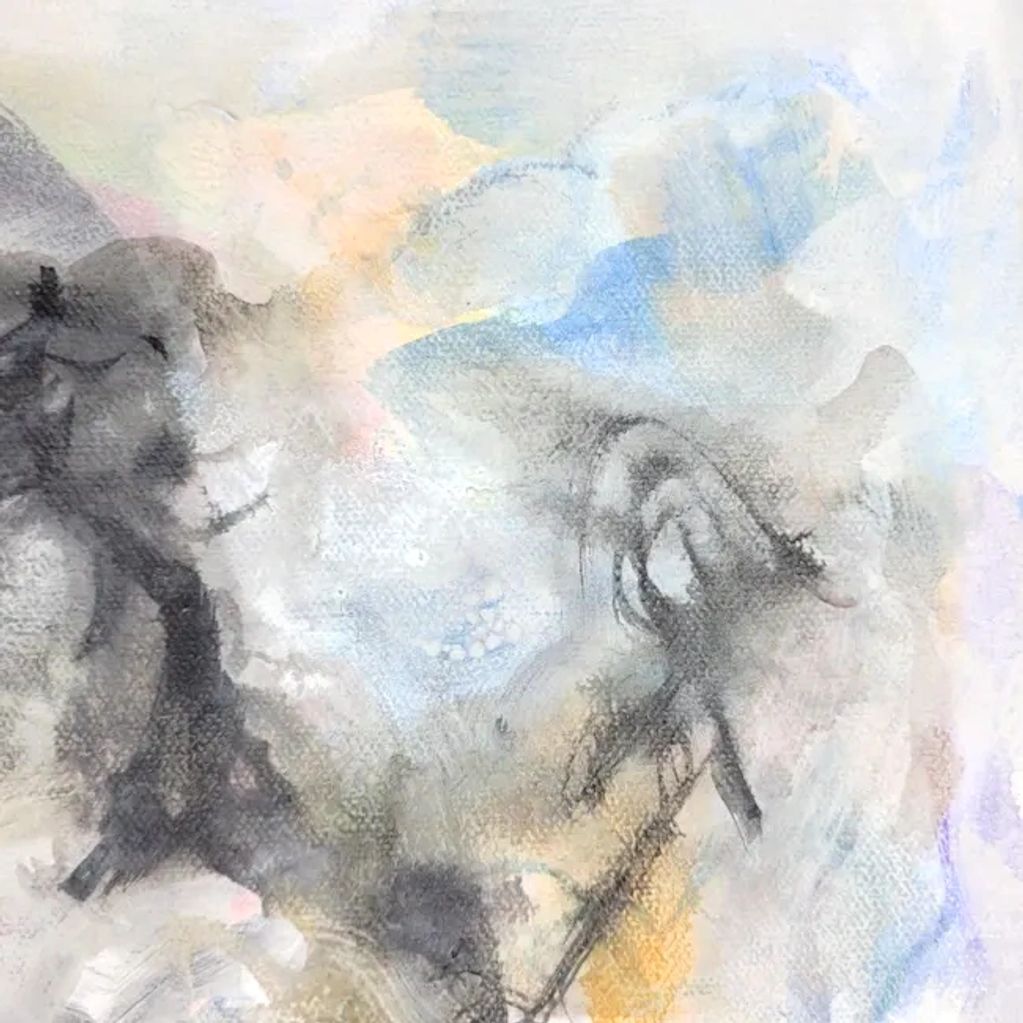 Abstract acrylic and ink painting detail, on canvas,
Grey, blue, black, white, orange
ethereal, soft