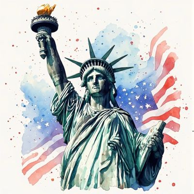 Watercolor painting of the Statue of Liberty with American flag.