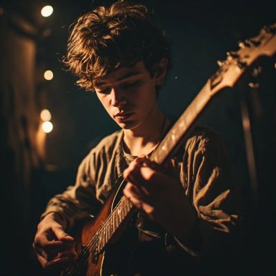 Young man playing guitar in a dimly lit room.