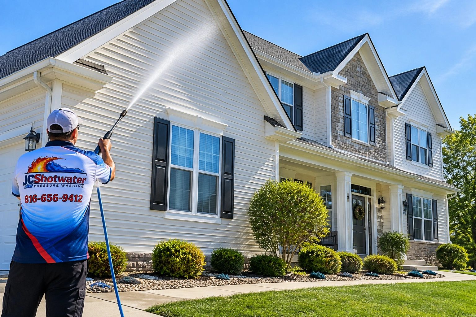 Professional house washing of a home by JCShotwater Pressure Washing in the Kansas City Metro area.