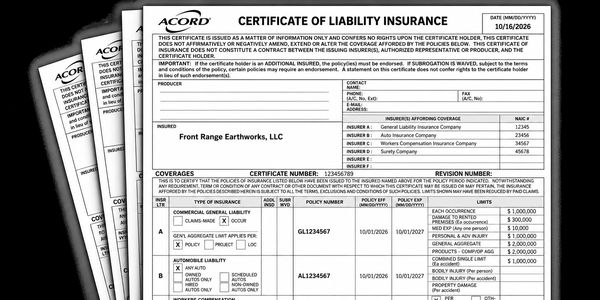 Certificate of liability insurance for Front Range Earthworks, LLC.