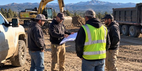Four construction workers reviewing plans at a site with heavy machinery.