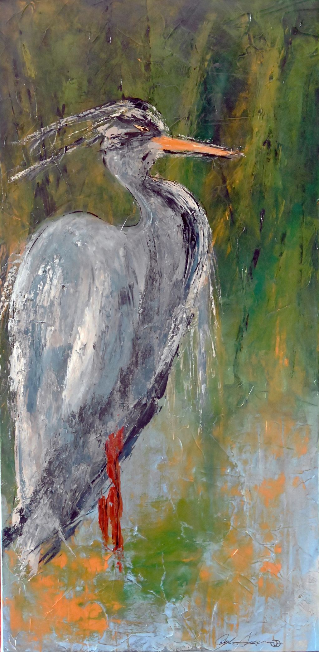 Painting of a bird with orange beak and legs.