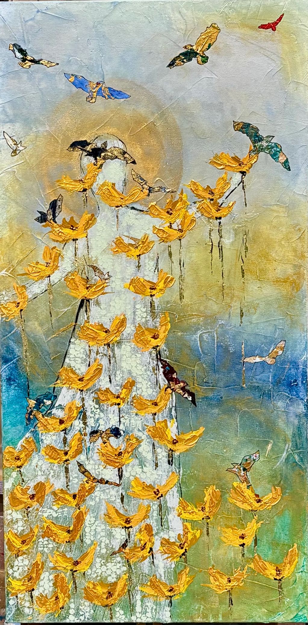 Abstract figure with yellow flowers and colorful birds in flight.
