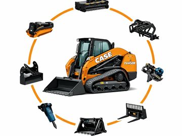 Compact CASE TV450B loader with various interchangeable attachments around it.