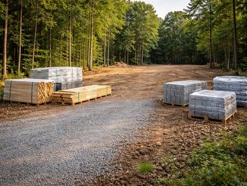 Construction materials stacked near a cleared forest area.