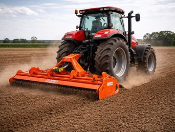 A red tractor cultivating a field with an orange tiller attachment.