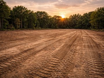 Sunset over freshly plowed field with tire tracks and surrounding trees.