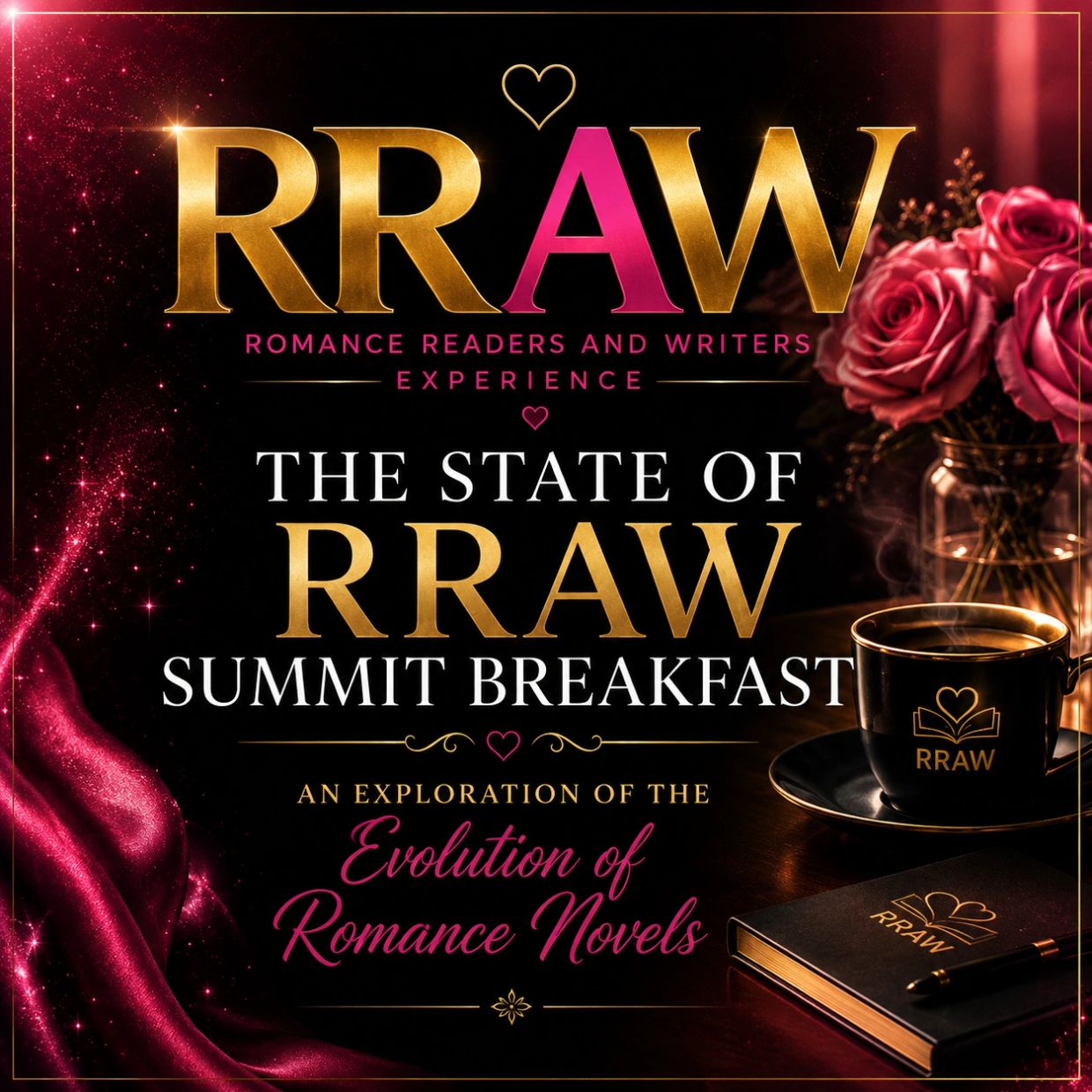 Elegant promotional graphic for RRAW Summit Breakfast on romance novels evolution.